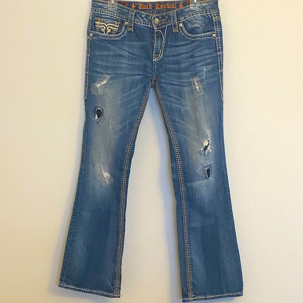Women’s Rock Revival Heidi Bootcut Jeans with Factory Distressing. Size 30